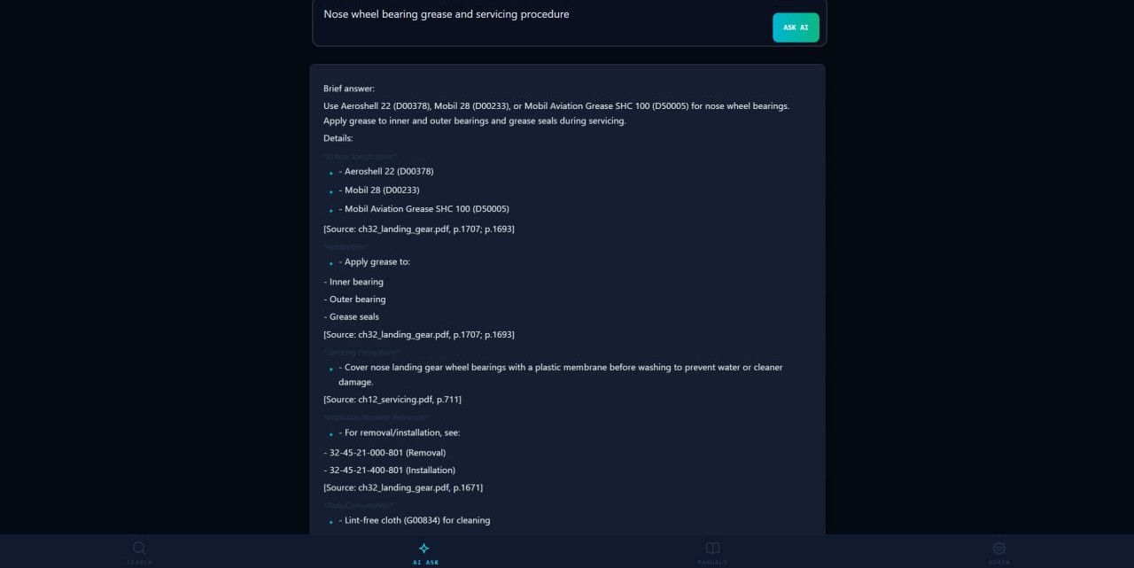 Daleel MRO - AI maintenance query showing cited response